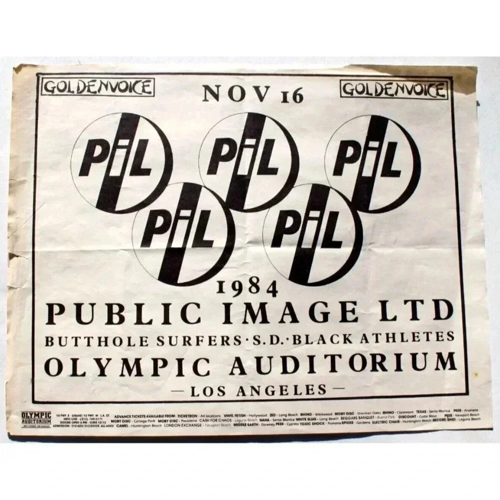 Vtg Rock Thrash Heavy Metal Band Concert Flyer Goldenvoice PIL Public Image LTD